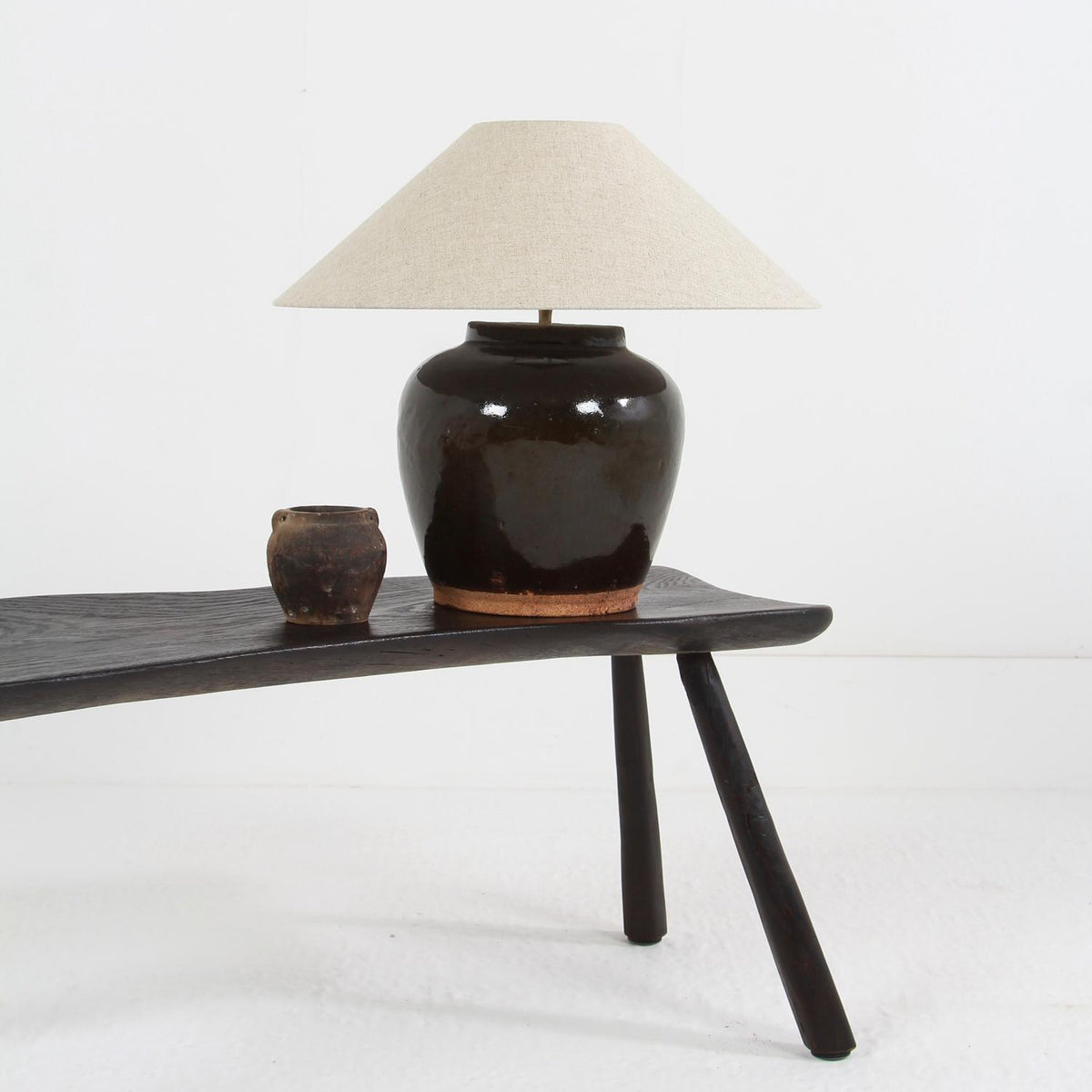 AUTHENTIC CHINESE BLACK GLAZED  TABLE LAMP WITH NATURAL BELGIUM LINEN SHADE