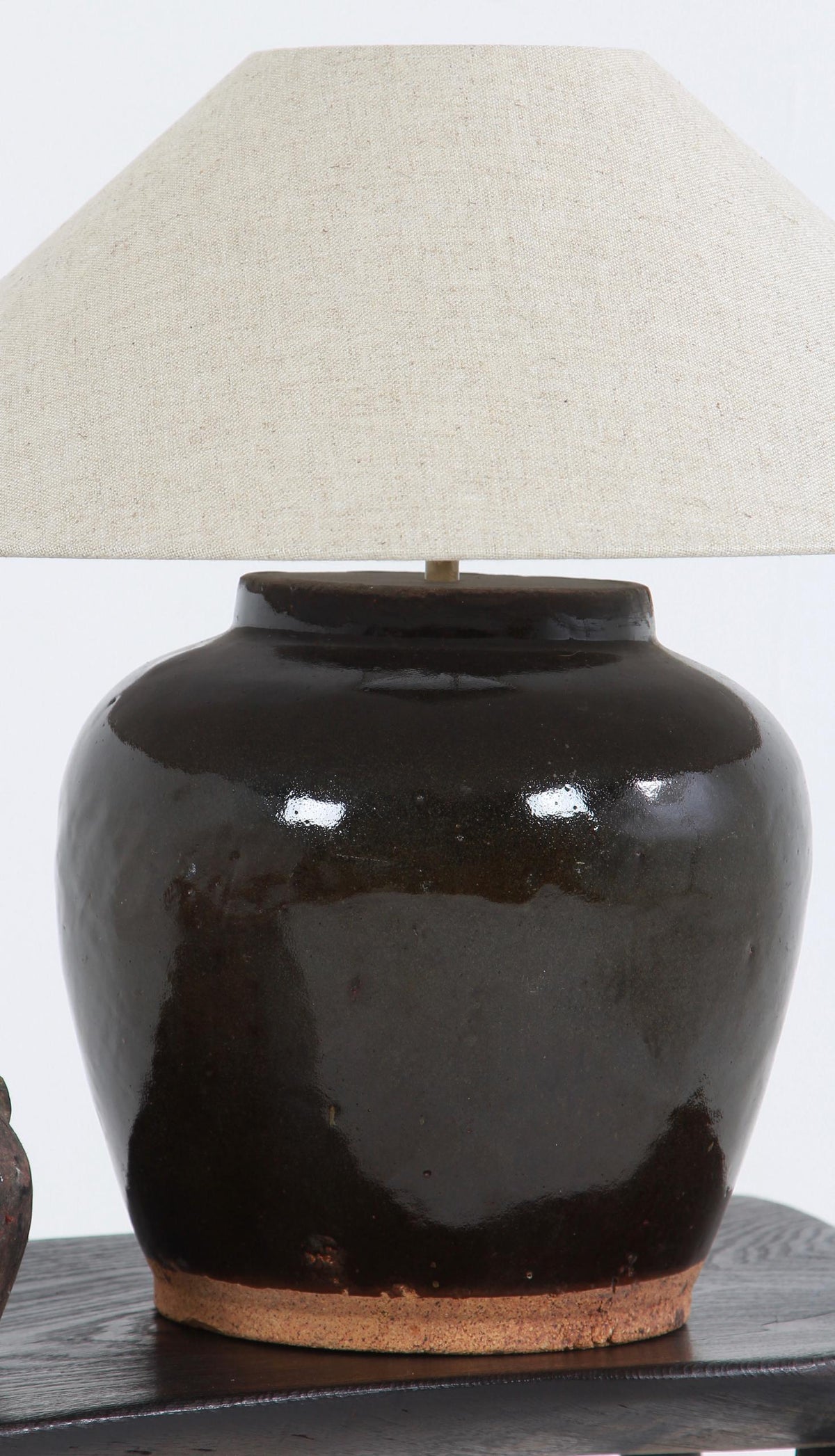 AUTHENTIC CHINESE BLACK GLAZED  TABLE LAMP WITH NATURAL BELGIUM LINEN SHADE