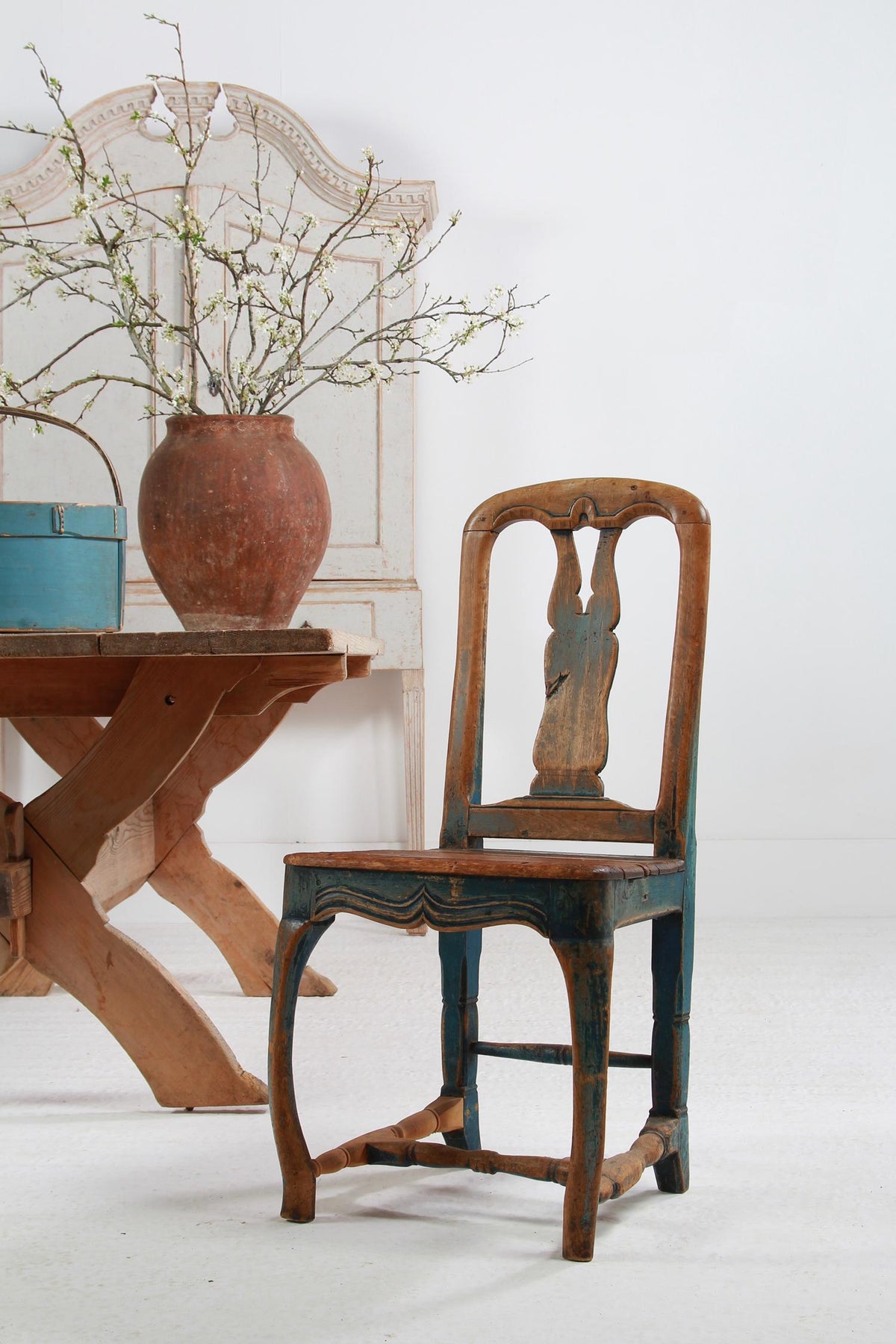 Swedish 18th Century Rococo Side Chair in Original Blue Patina