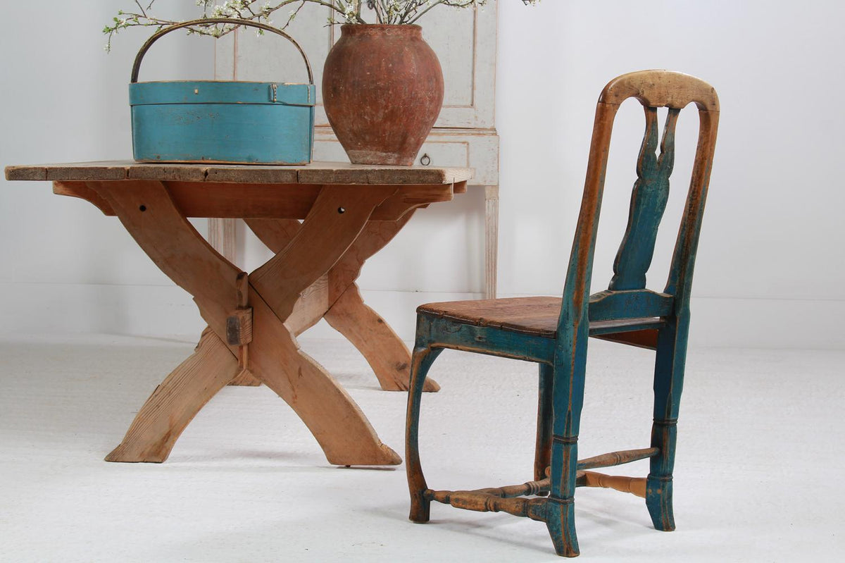 Swedish 18th Century Rococo Side Chair in Original Blue Patina