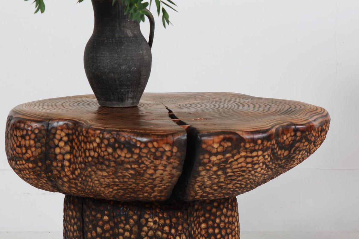 DRAMATIC HEAVILY DECORATED ARTISAN FREESTANDING CENTRE TABLE IN MATURE CEDAR. PLEASE ENQUIRE
