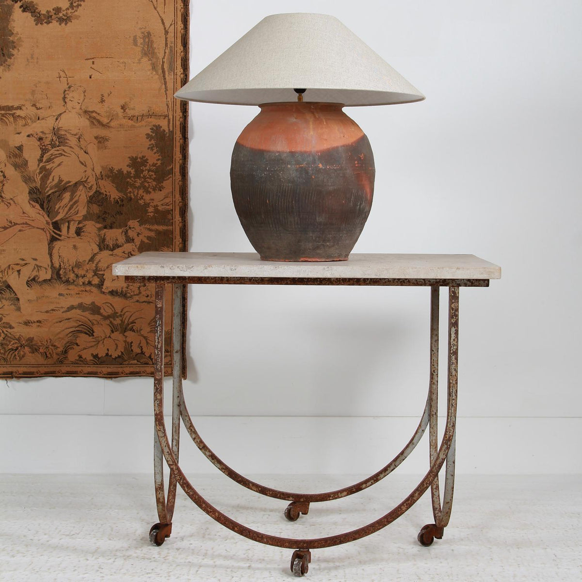 EXCEPTIONAL XL ANTIQUE  UNGLAZED POTTERY LAMP WITH EMPIRE  LINEN SHADE