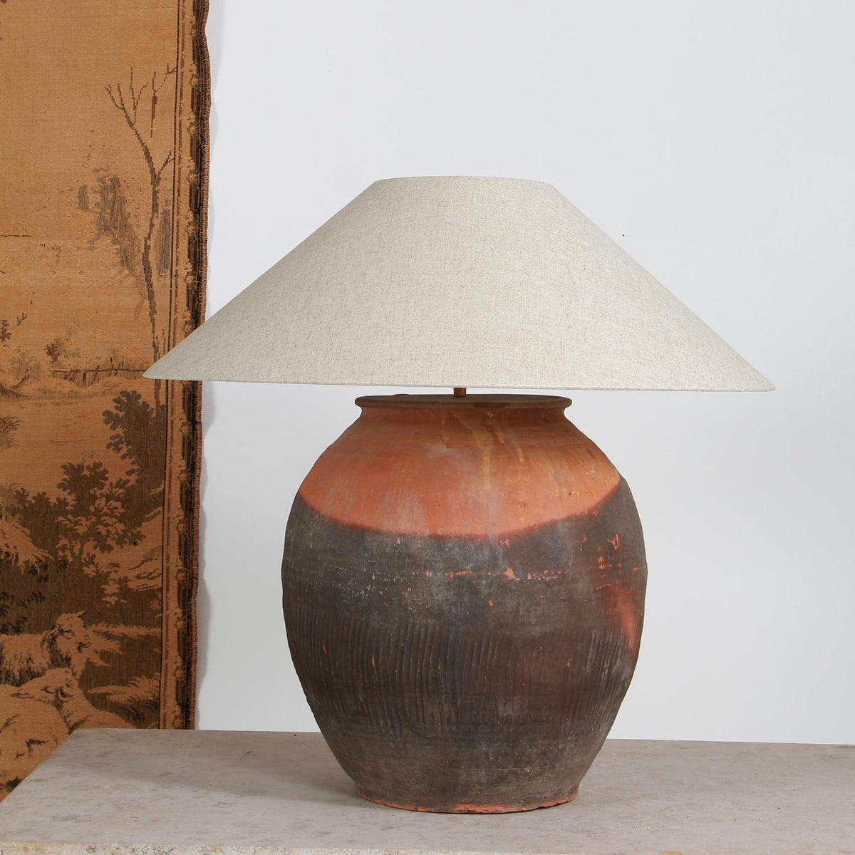 EXCEPTIONAL XL ANTIQUE  UNGLAZED POTTERY LAMP WITH EMPIRE  LINEN SHADE