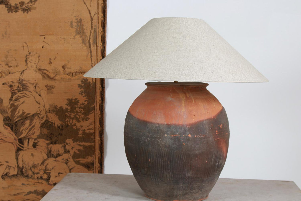 EXCEPTIONAL XL ANTIQUE  UNGLAZED POTTERY LAMP WITH EMPIRE  LINEN SHADE