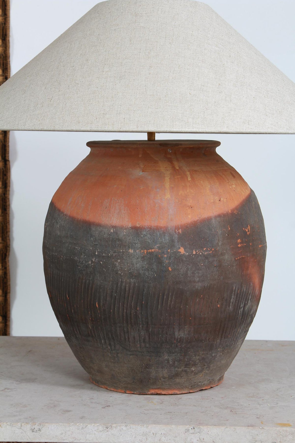 EXCEPTIONAL XL ANTIQUE  UNGLAZED POTTERY LAMP WITH EMPIRE  LINEN SHADE