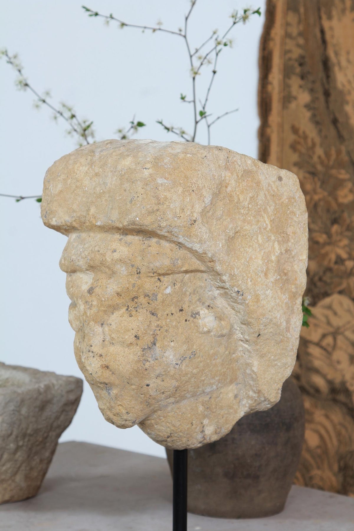 Ancient Carved Stone Antiquities Head Corbel on Custom Made Iron Stand