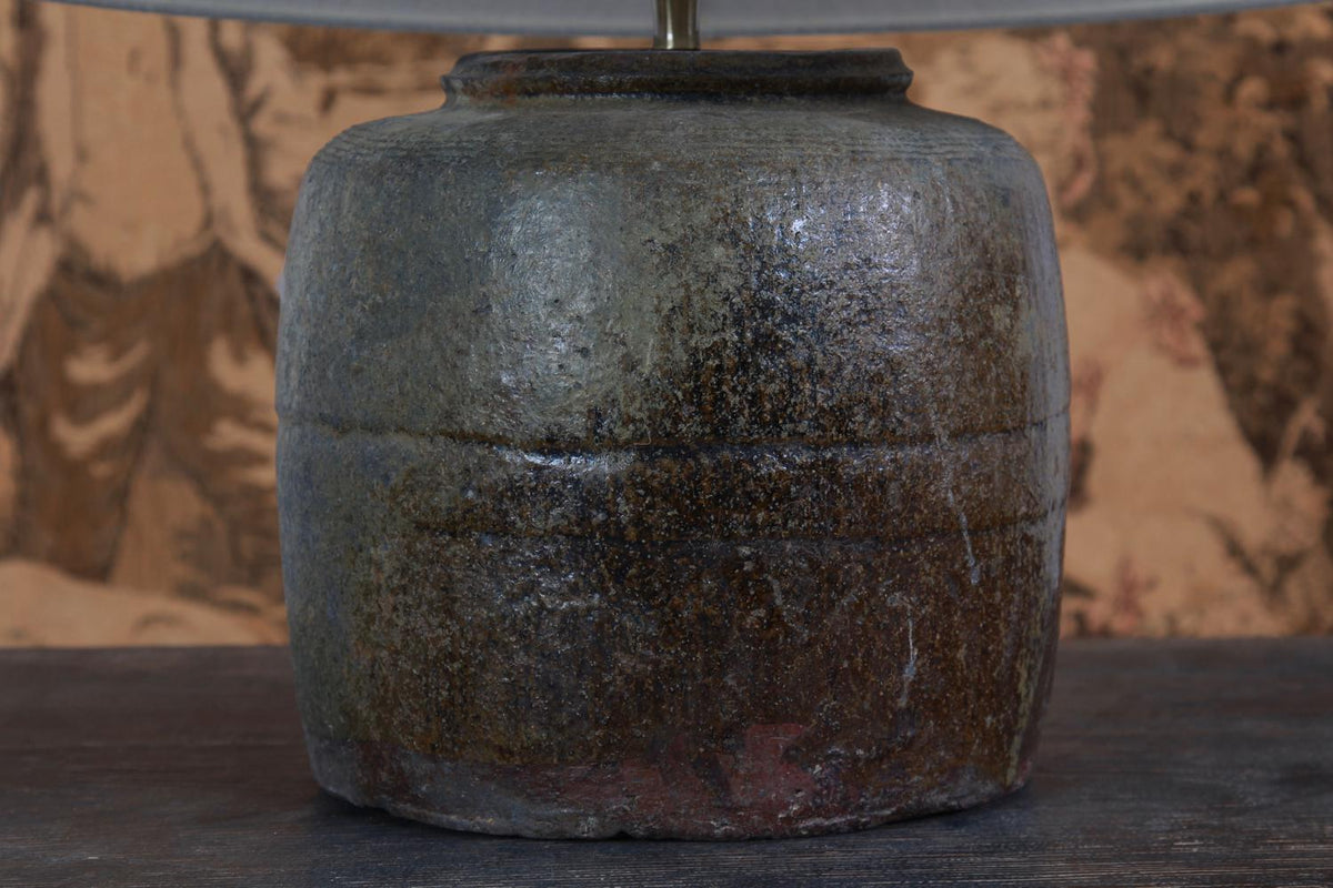 ANTIQUE CHINESE STORAGE JAR TABLE LAMP WITH LINEN SHADE