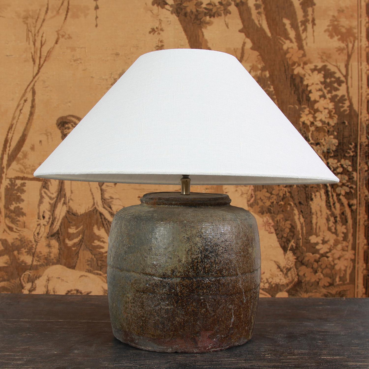 ANTIQUE CHINESE STORAGE JAR TABLE LAMP WITH LINEN SHADE