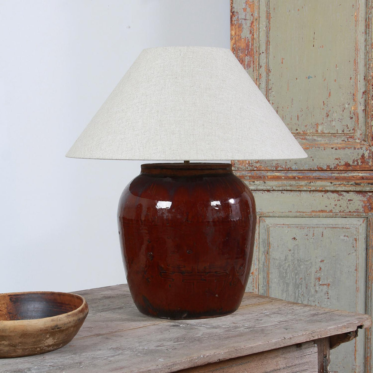 UNIQUE XL BROWN GLAZED POTTERY TABLE LAMP WITH NATURAL EMPIRE LINEN SHADE