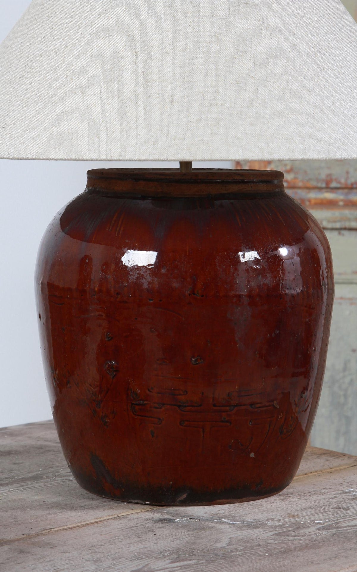 UNIQUE XL BROWN GLAZED POTTERY TABLE LAMP WITH NATURAL EMPIRE LINEN SHADE