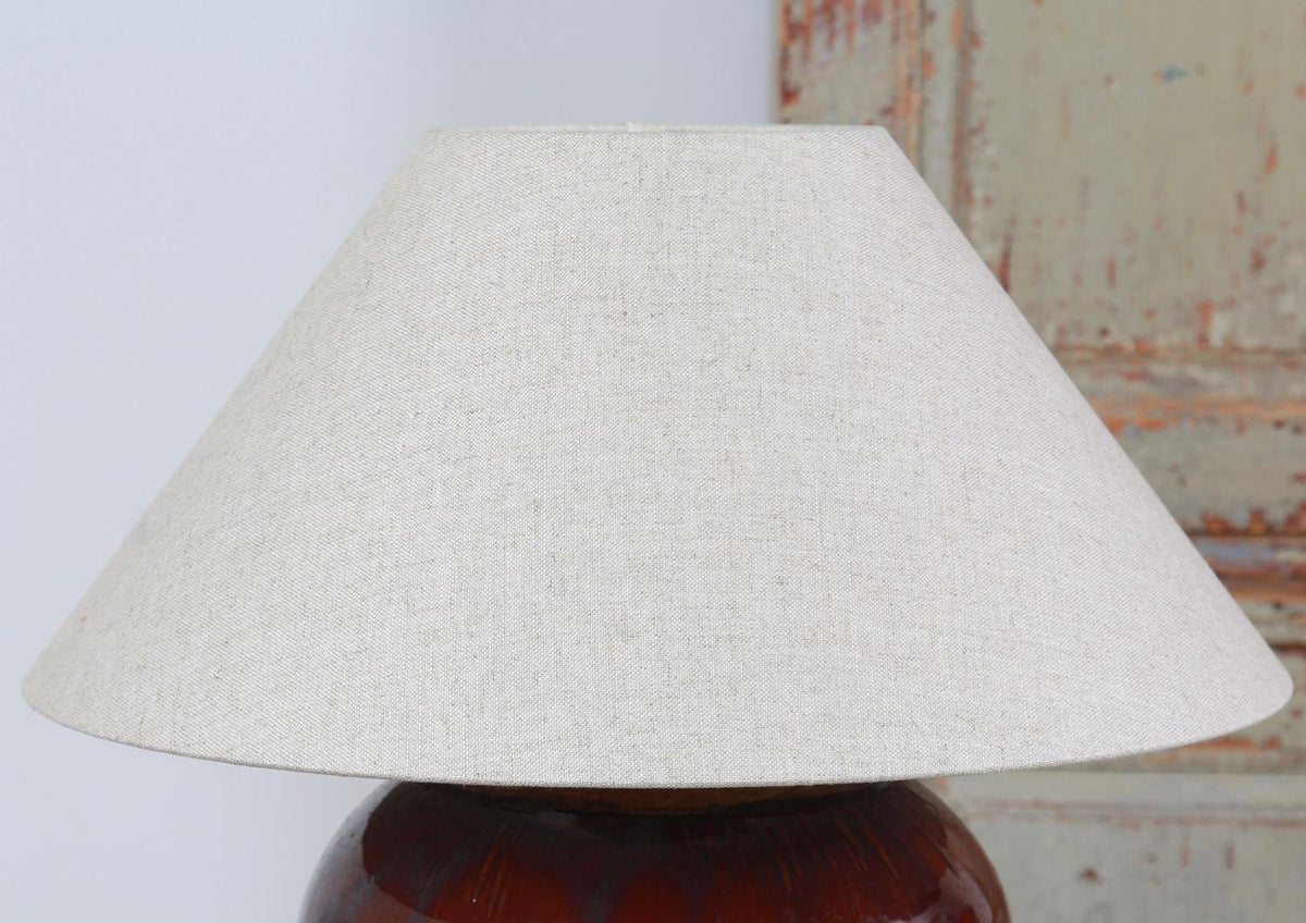 UNIQUE XL BROWN GLAZED POTTERY TABLE LAMP WITH NATURAL EMPIRE LINEN SHADE