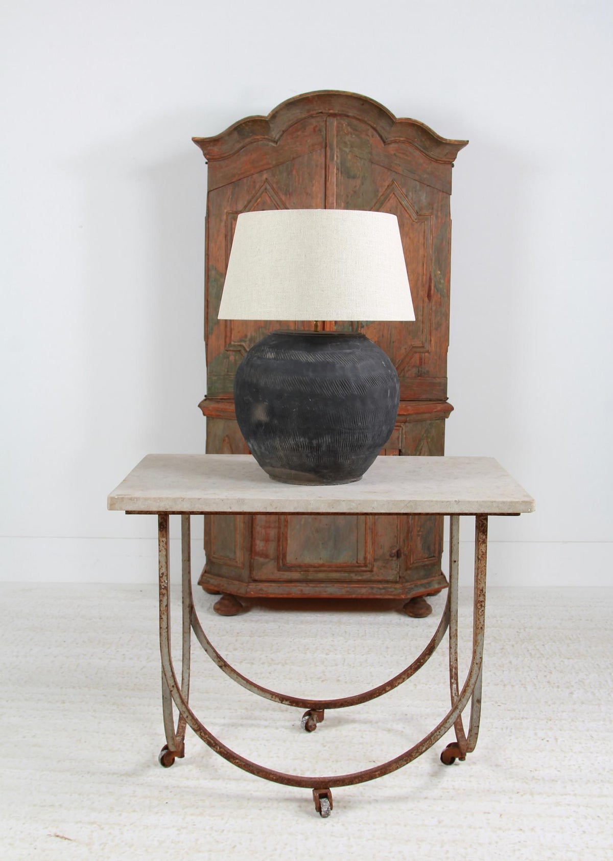 ANTIQUE XL BLACK UNGLAZED TEXTURED TABLE LAMP WITH LINEN DRUM SHADE