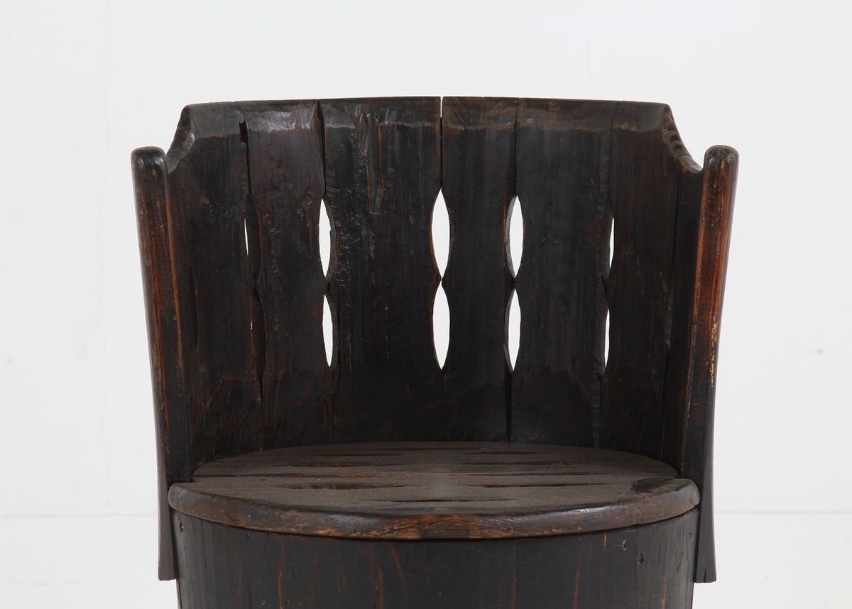 JAPANESE WABI WABI PINE BARREL CHAIR IN STRIKING BLACK PAINT