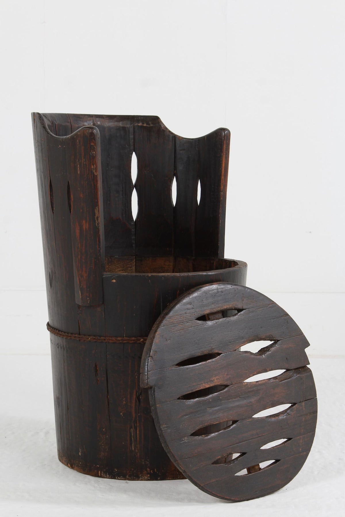 JAPANESE WABI WABI PINE BARREL CHAIR IN STRIKING BLACK PAINT