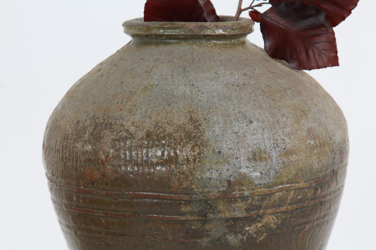 Original Wabi Sabi Chinese Olive Toned Glazed Rice Wine Jar