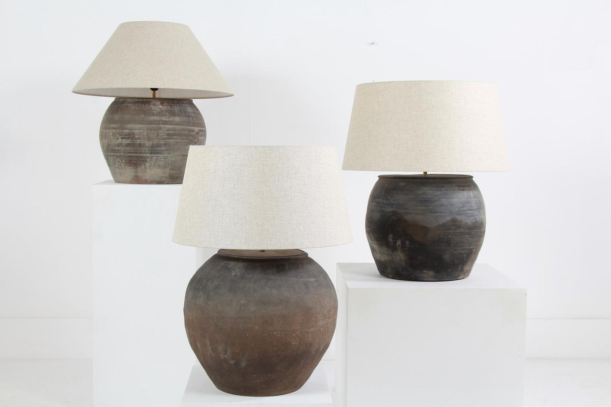 COLLECTION OF ANTIQUE XL TABLE LAMPS WITH BELGIUM LINEN SHADES