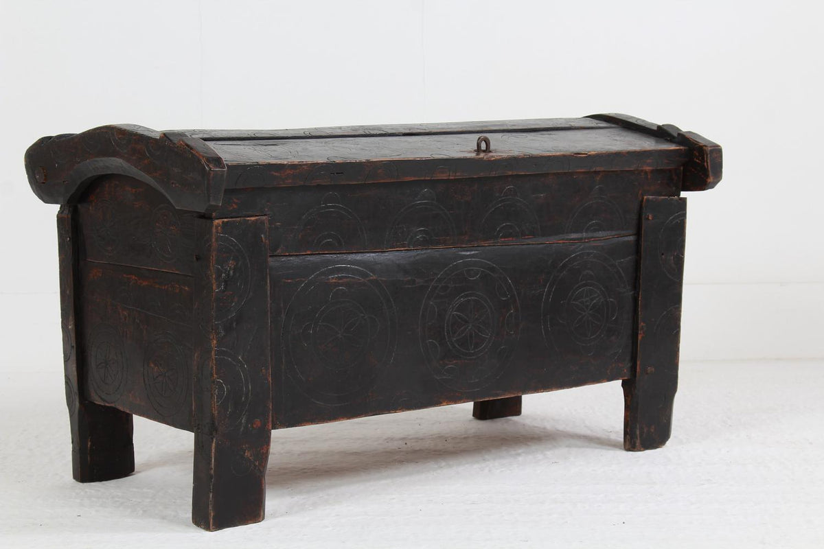 ANCIENT 19TH CENTURY RUSTIC SHEPHERD’S COFFER IN STRIKING BLACK PATINA