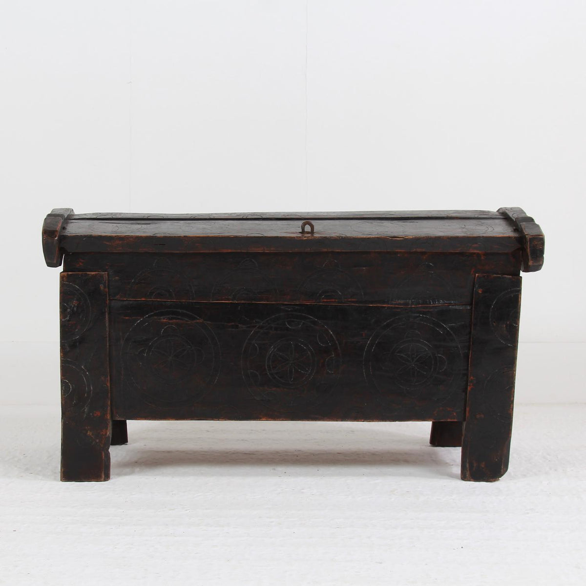 ANCIENT 19TH CENTURY RUSTIC SHEPHERD’S COFFER IN STRIKING BLACK PATINA