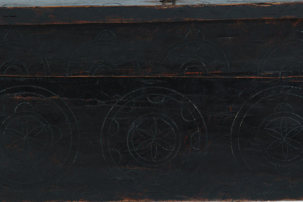 ANCIENT 19TH CENTURY RUSTIC SHEPHERD’S COFFER IN STRIKING BLACK PATINA