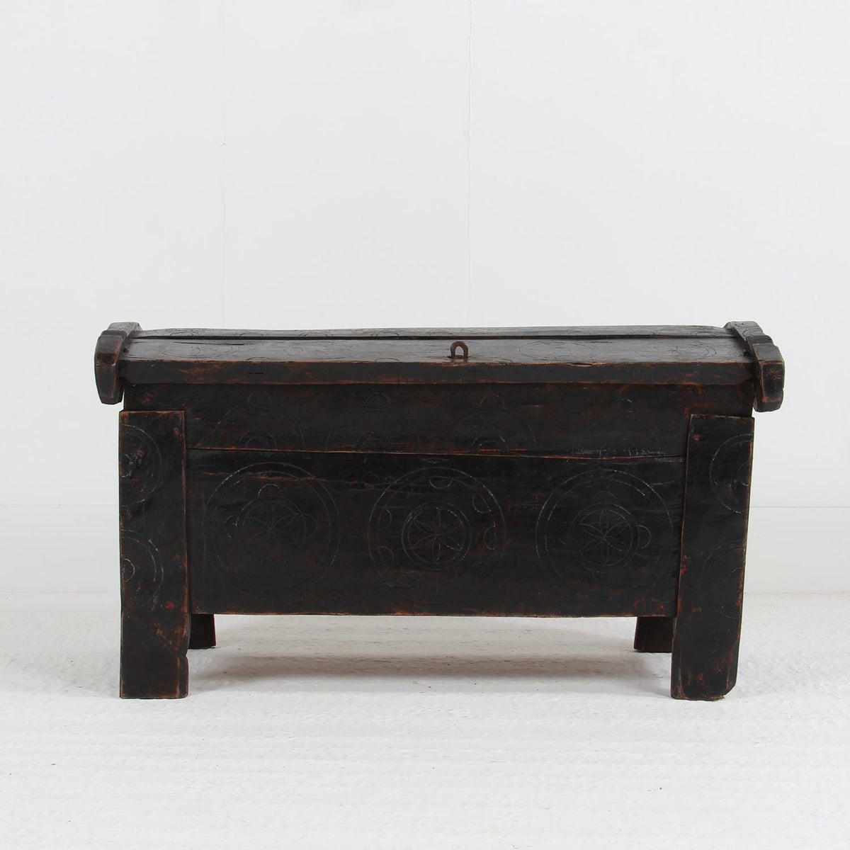 ANCIENT 19TH CENTURY RUSTIC SHEPHERD’S COFFER IN STRIKING BLACK PATINA