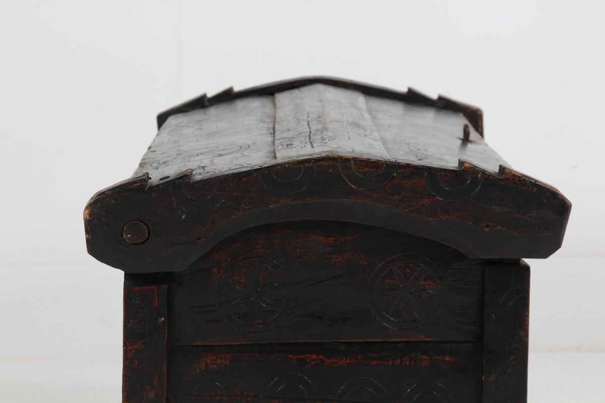 ANCIENT 19TH CENTURY RUSTIC SHEPHERD’S COFFER IN STRIKING BLACK PATINA