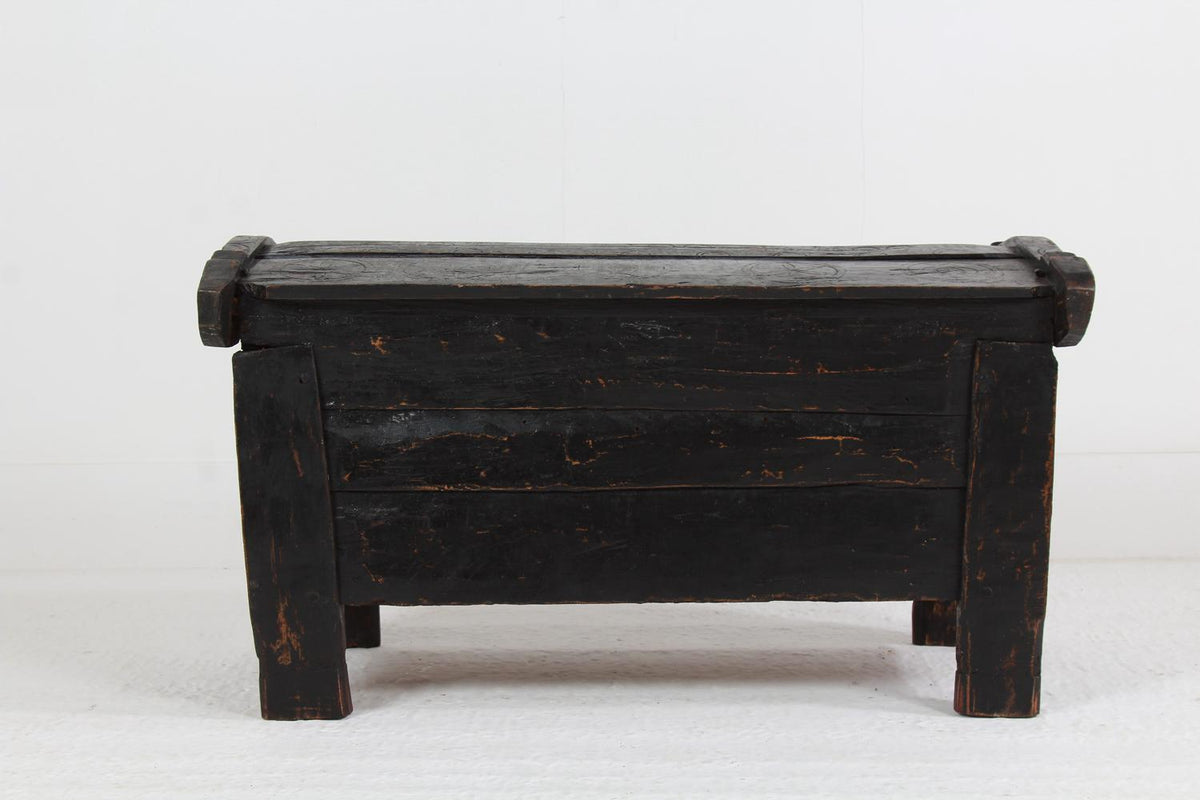 ANCIENT 19TH CENTURY RUSTIC SHEPHERD’S COFFER IN STRIKING BLACK PATINA