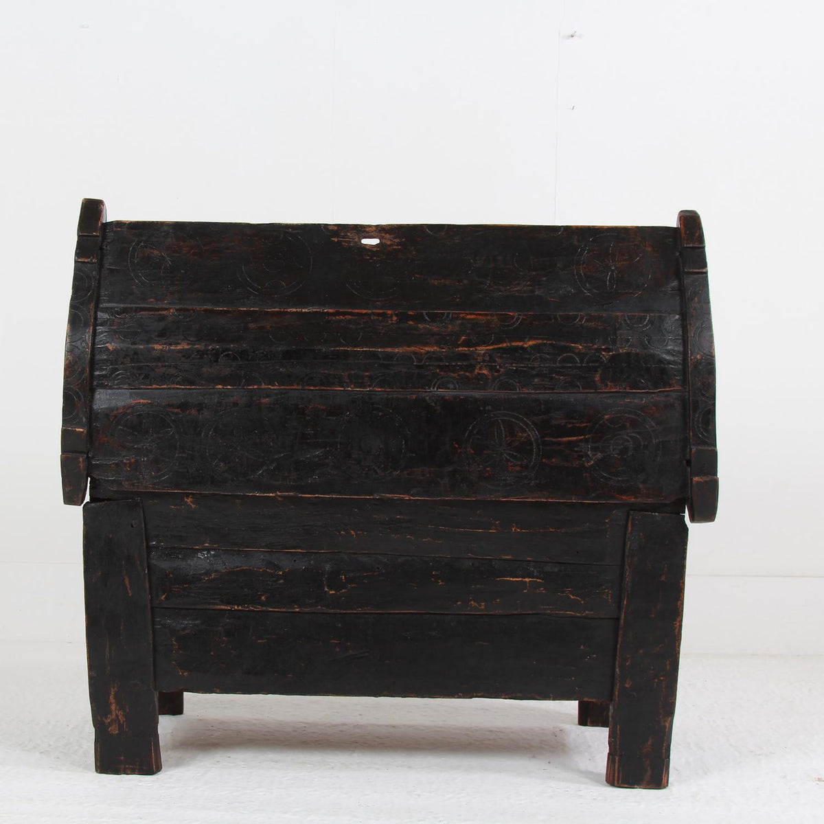 ANCIENT 19TH CENTURY RUSTIC SHEPHERD’S COFFER IN STRIKING BLACK PATINA