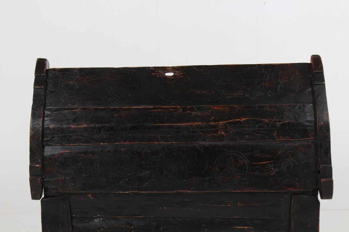 ANCIENT 19TH CENTURY RUSTIC SHEPHERD’S COFFER IN STRIKING BLACK PATINA