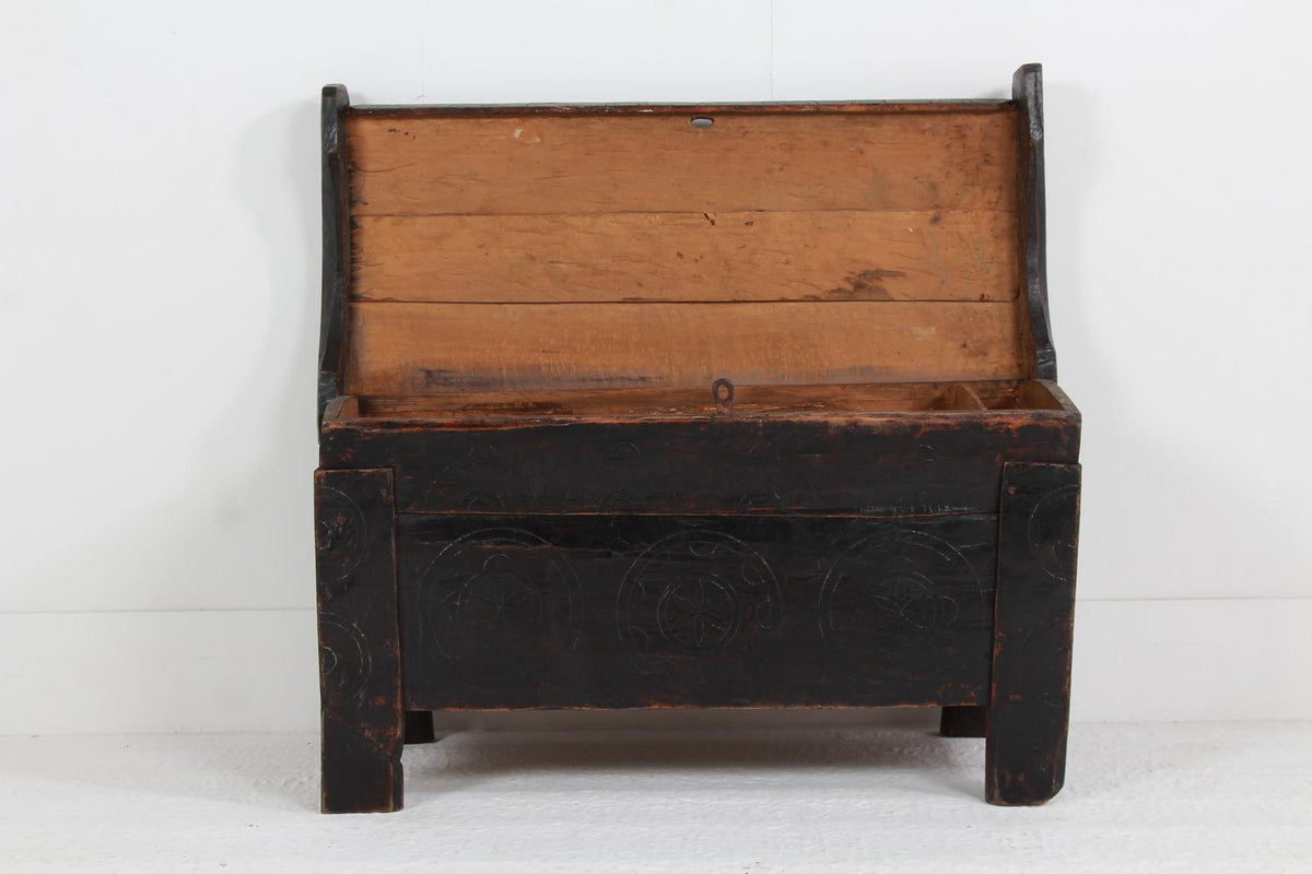 ANCIENT 19TH CENTURY RUSTIC SHEPHERD’S COFFER IN STRIKING BLACK PATINA