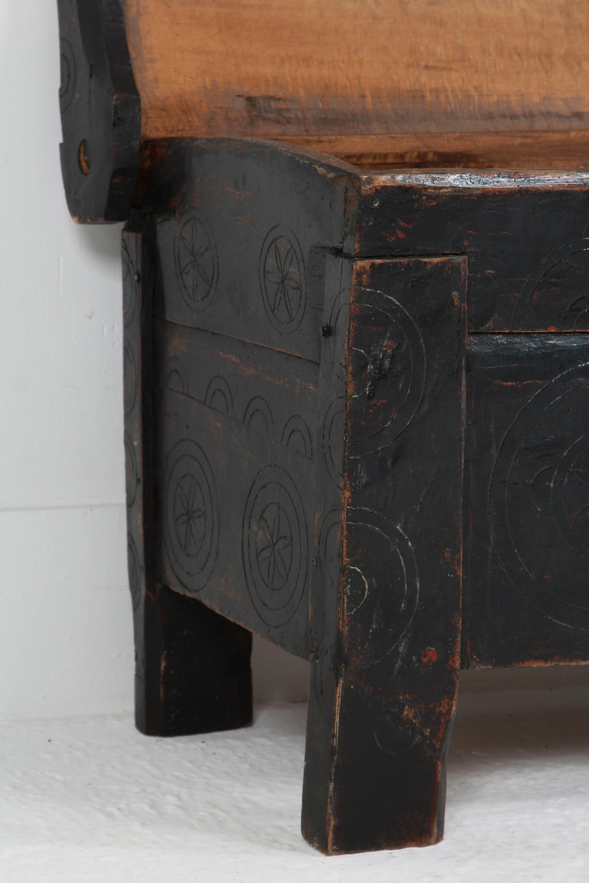 ANCIENT 19TH CENTURY RUSTIC SHEPHERD’S COFFER IN STRIKING BLACK PATINA