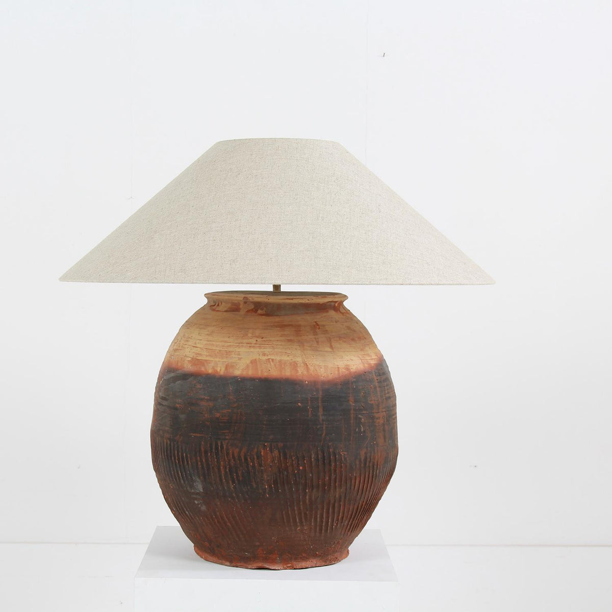 EXCEPTIONAL XL ANTIQUE UNGLAZED POTTERY LAMP WITH EMPIRE LINEN SHADE