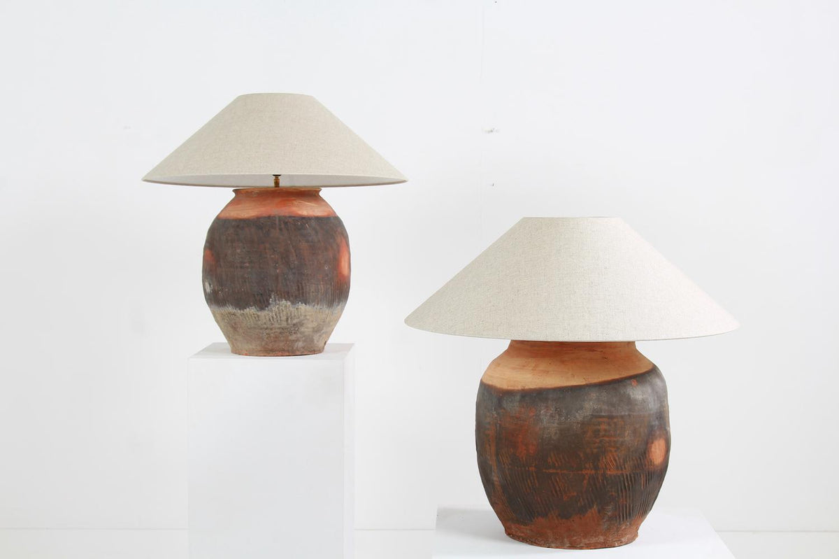 EXCEPTIONAL XXL ANTIQUE UNGLAZED POTTERY LAMPS WITH EMPIRE LINEN SHADES