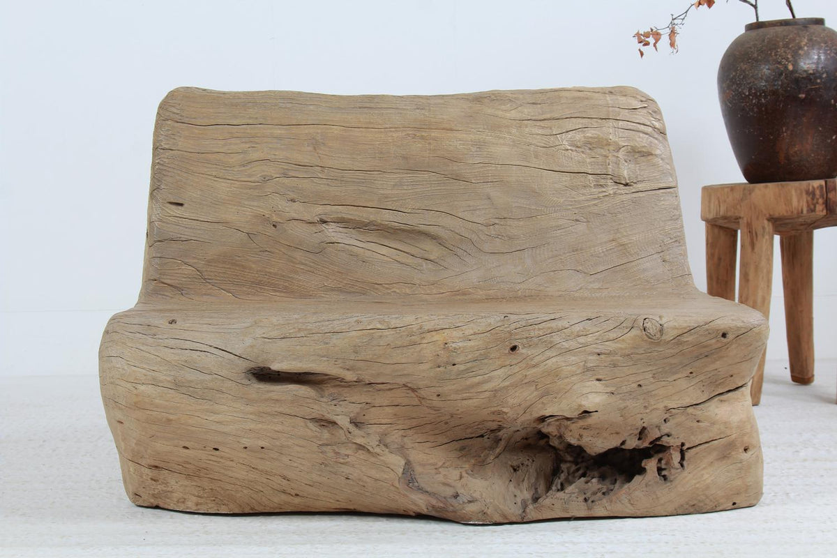 Huge Hand Carved Primitive Wabi Sabi Brutalist Tree Bench