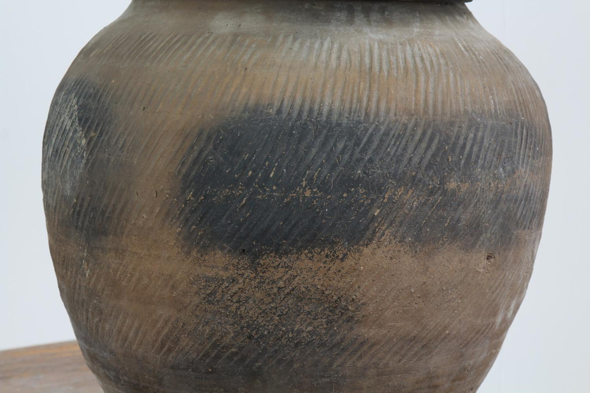 XXL CHINESE UNGLAZED ANTIQUE STORAGE JAR LAMP WITH LINEN SHADE