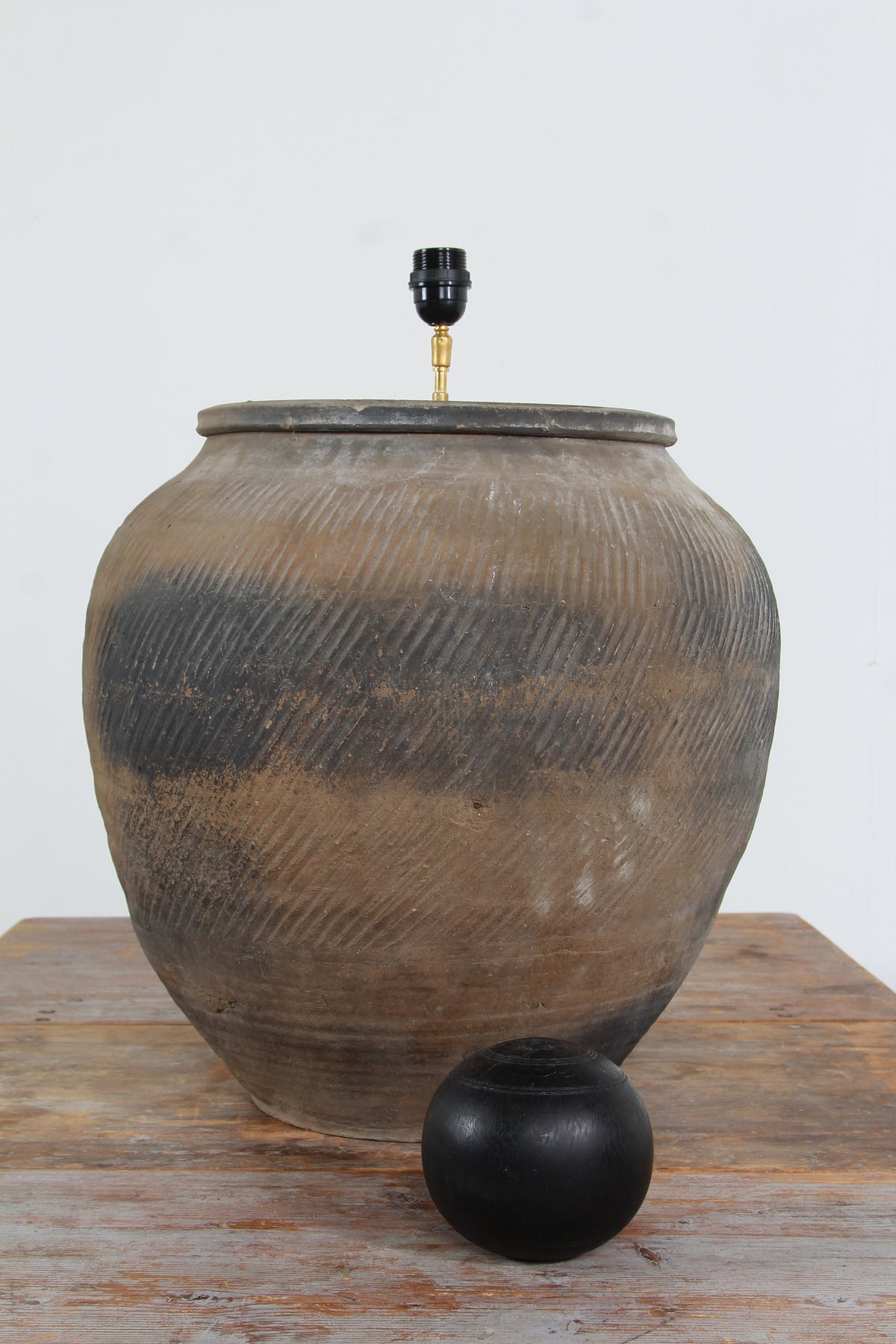 XXL CHINESE UNGLAZED ANTIQUE STORAGE JAR LAMP WITH LINEN SHADE