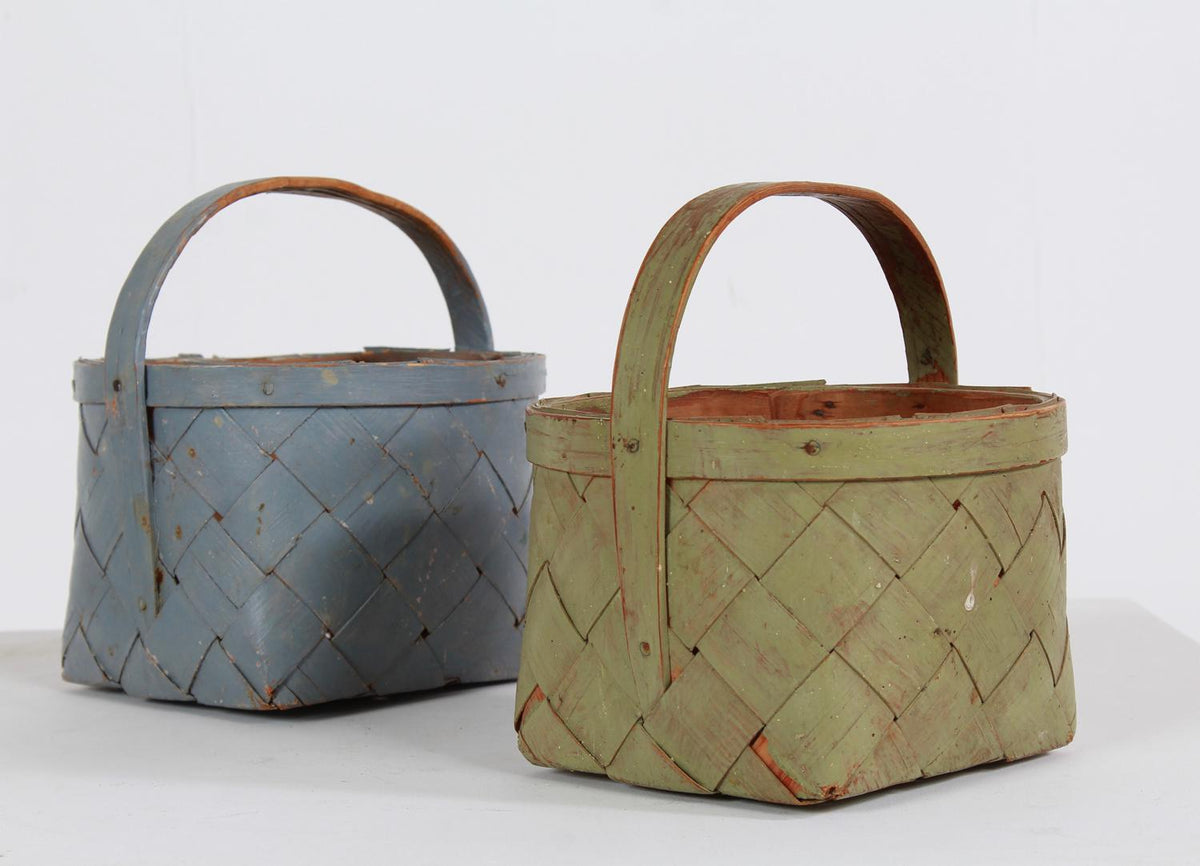 TWO SUPERBLY CRAFTED PAINTED SWEDISH SPLINT WOVEN BERRY BASKETS