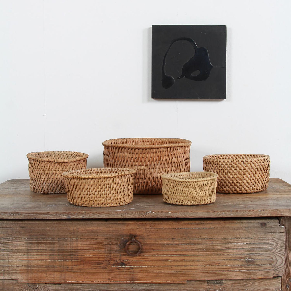 COLLECTION OF FIVE RARE SWEDISH 19THC FOLK ART WOVEN CHEESE BASKETS