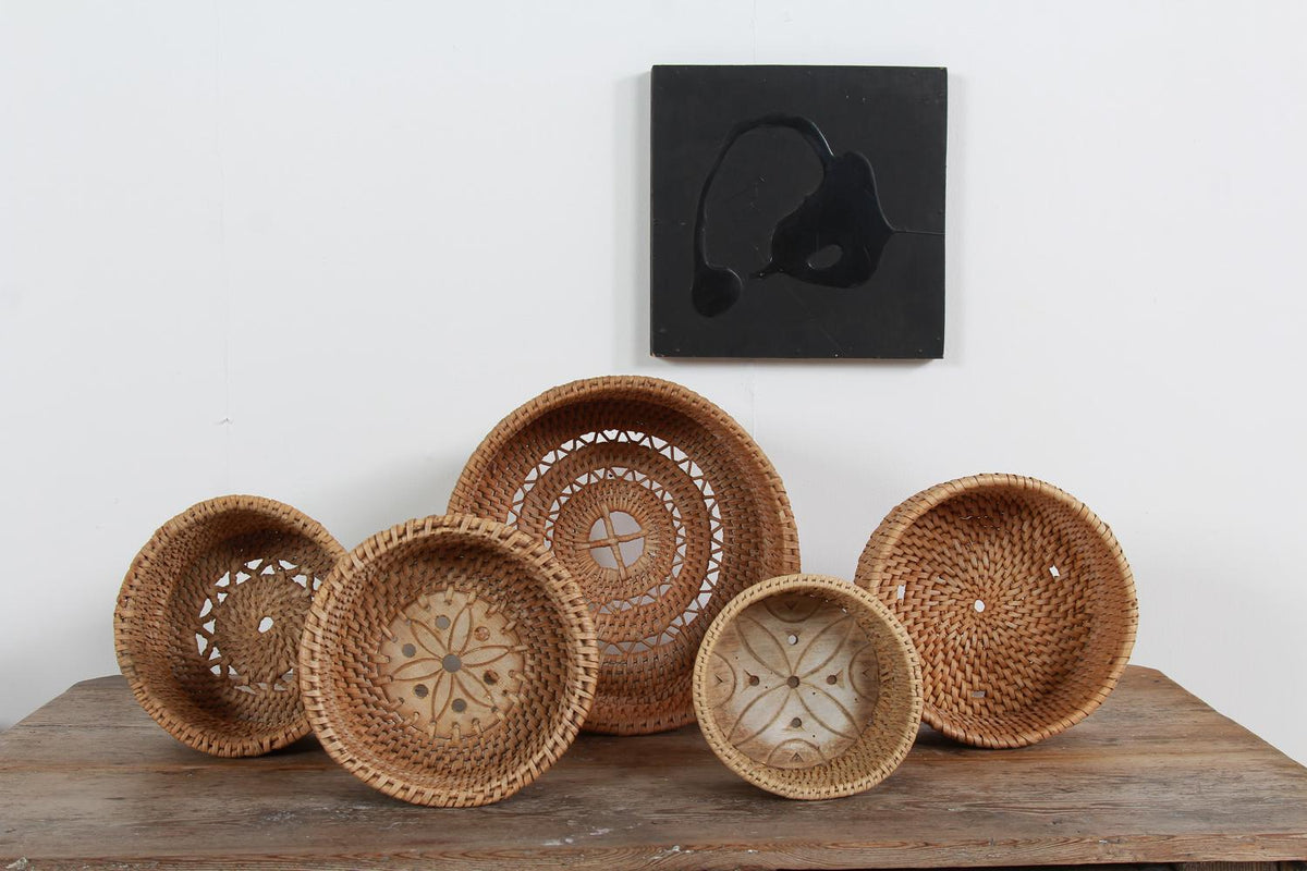 COLLECTION OF FIVE RARE SWEDISH 19THC FOLK ART WOVEN CHEESE BASKETS