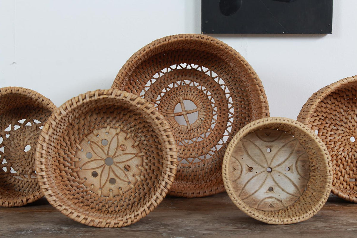 COLLECTION OF FIVE RARE SWEDISH 19THC FOLK ART WOVEN CHEESE BASKETS