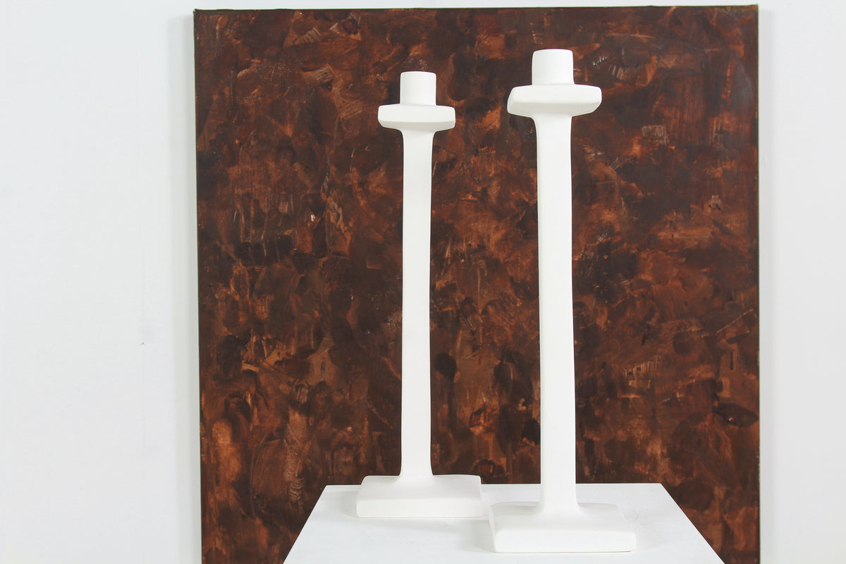 PAIR OF BEAUTIFULLY HANDMADE SCULPTURED WHITE PLASTER CANDLESTICKS