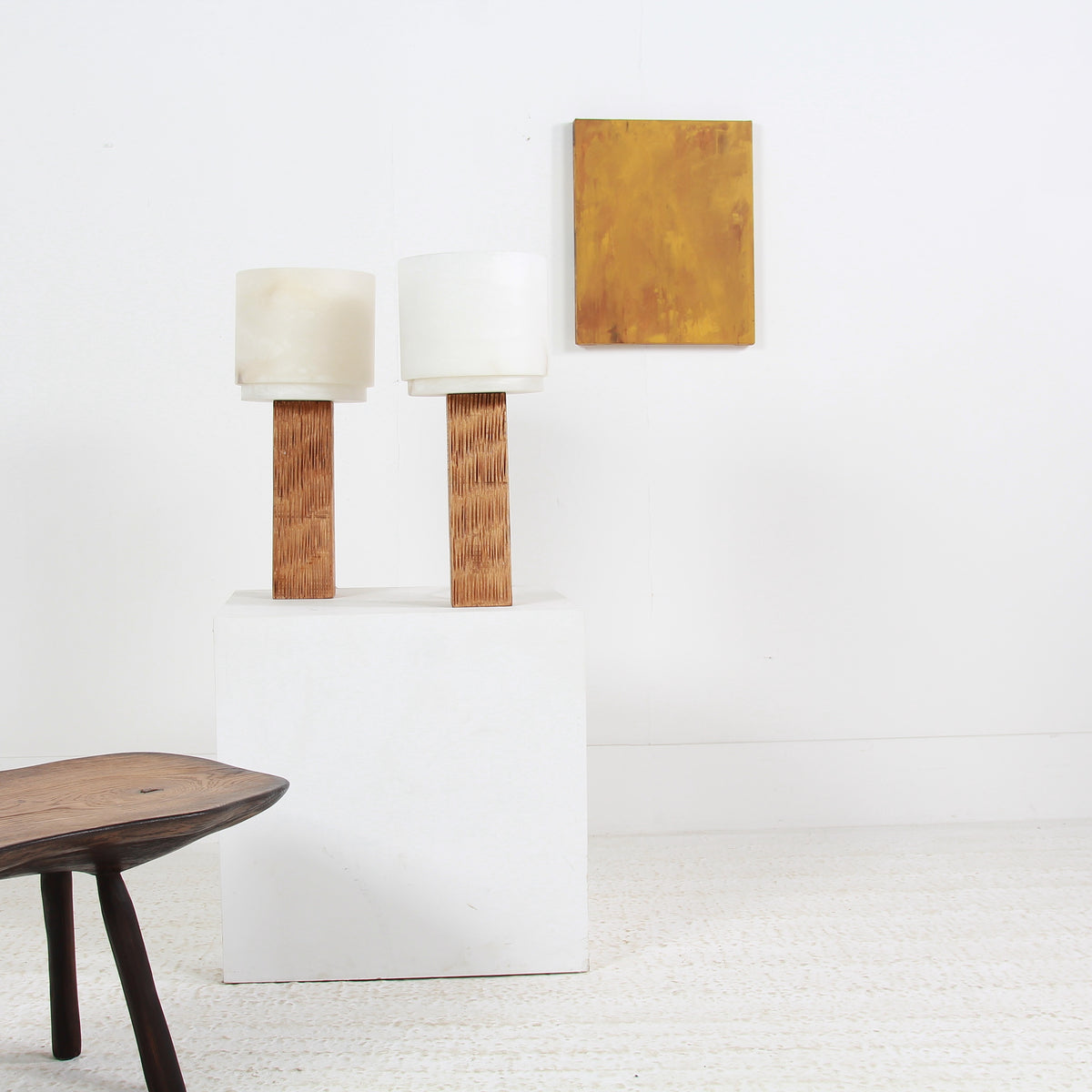 Spanish Modernist Designer Alabaster and Chesnut Table Lamps