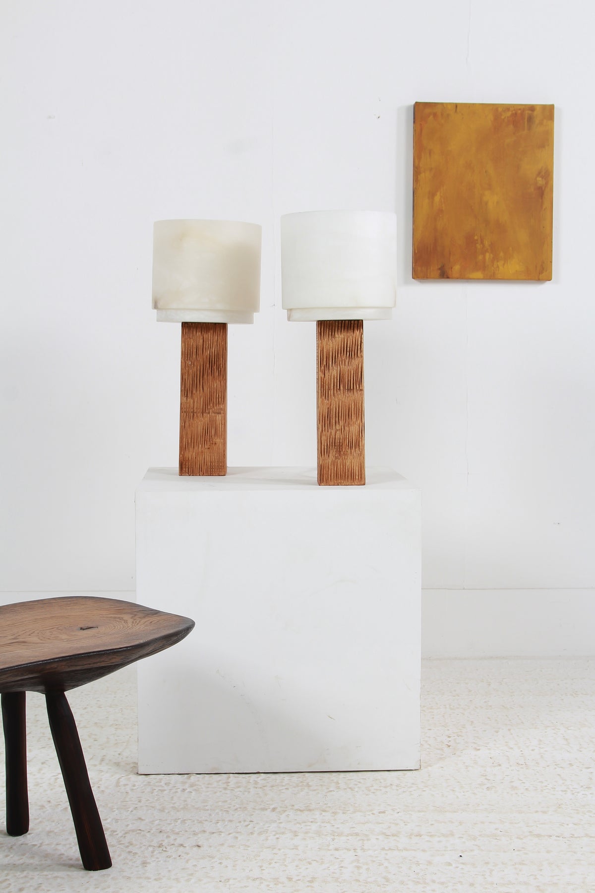 Spanish Modernist Designer Alabaster and Chesnut Table Lamps