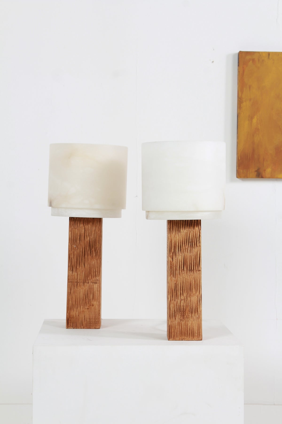 Spanish Modernist Designer Alabaster and Chesnut Table Lamps