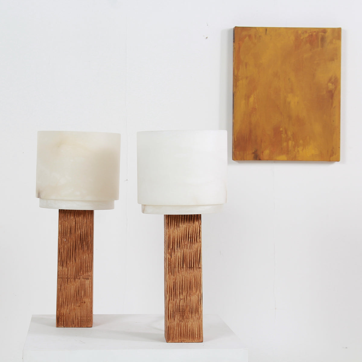 Spanish Modernist Designer Alabaster and Chesnut Table Lamps