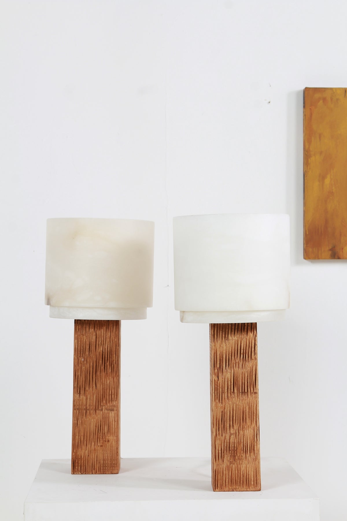 Spanish Modernist Designer Alabaster and Chesnut Table Lamps