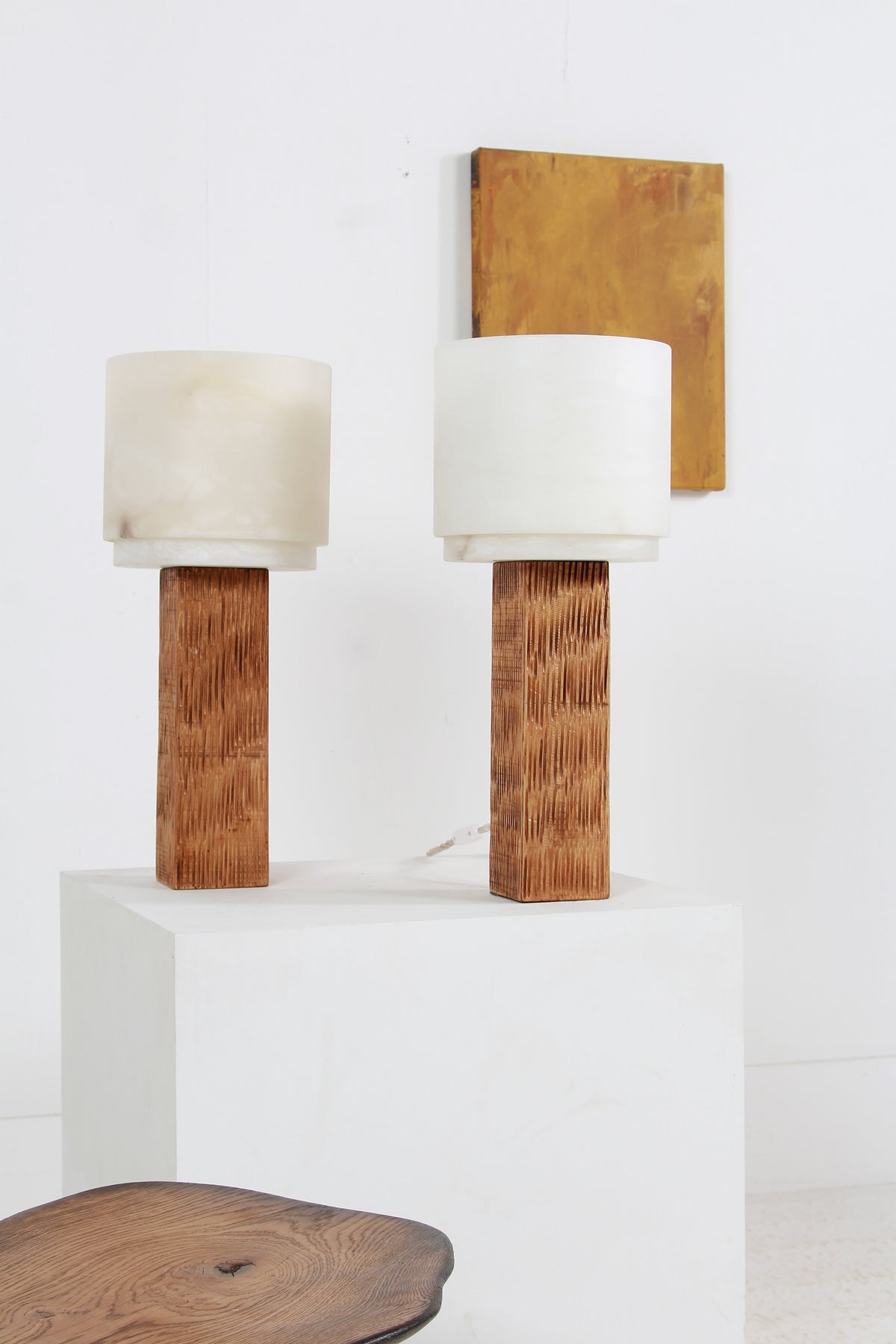 Spanish Modernist Designer Alabaster and Chesnut Table Lamps