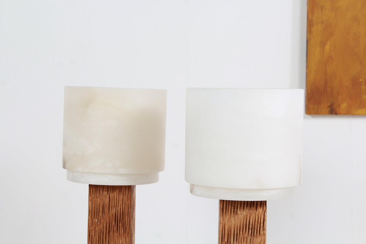 Spanish Modernist Designer Alabaster and Chesnut Table Lamps