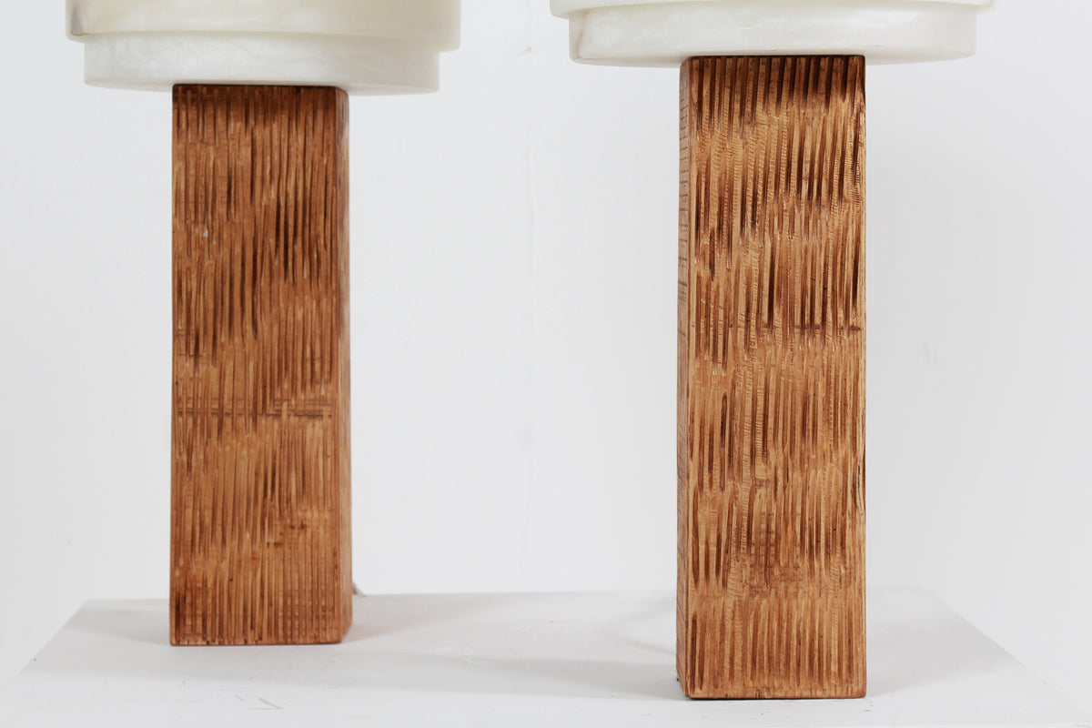 Spanish Modernist Designer Alabaster and Chesnut Table Lamps