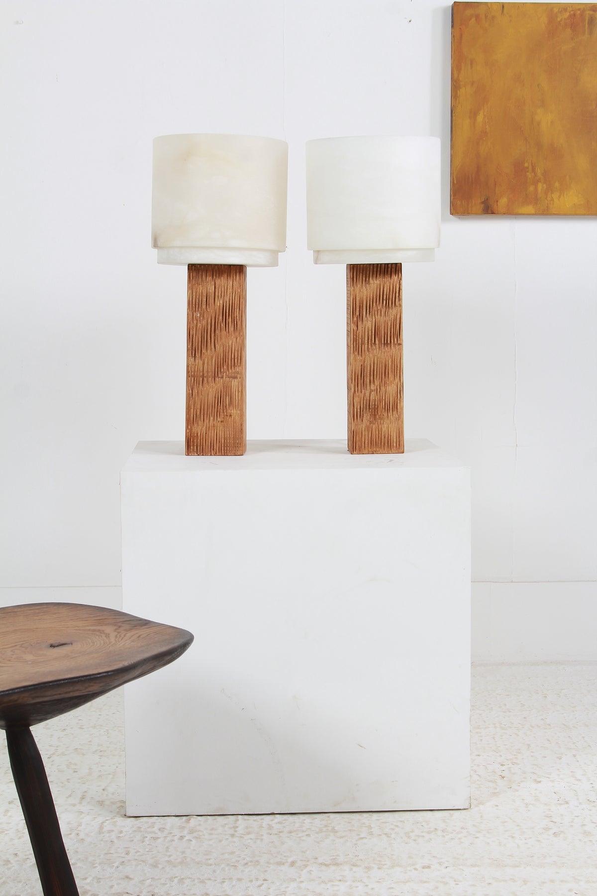 Spanish Modernist Designer Alabaster and Chesnut Table Lamps