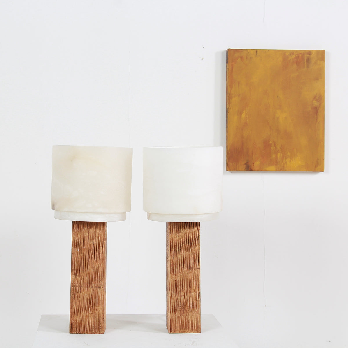 Spanish Modernist Designer Alabaster and Chesnut Table Lamps